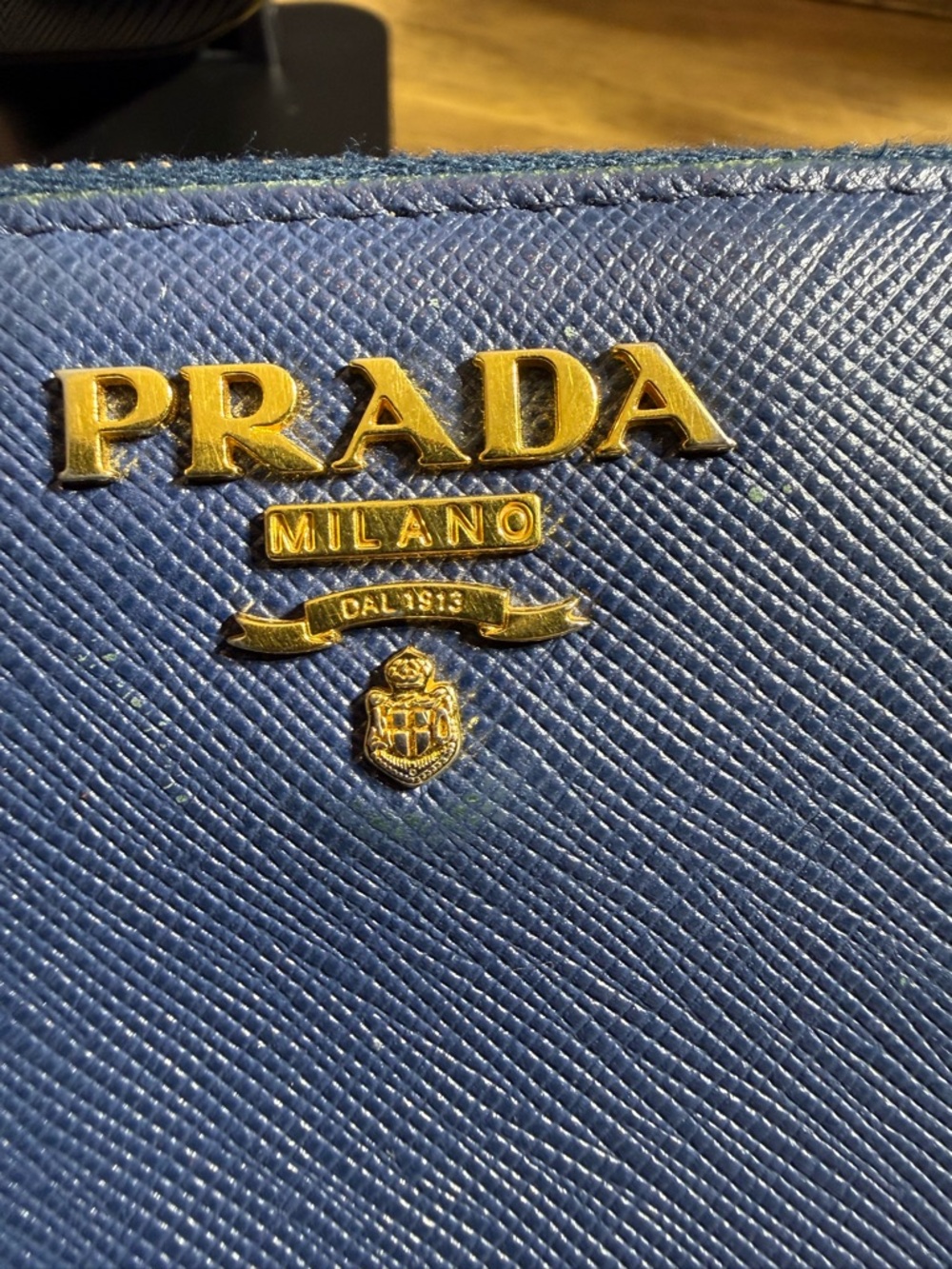 Prada Blue Saffiano Leather Zip Wallet with Gold Logo - Picture 2 of 16